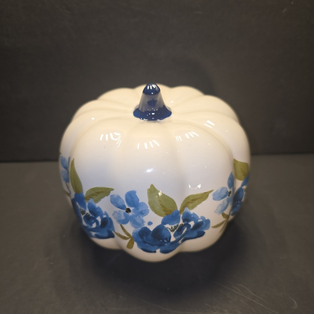 White Ceramic Pumpkin Blue‎ Floral Accent Tabletop Decor Autumn Harvest
